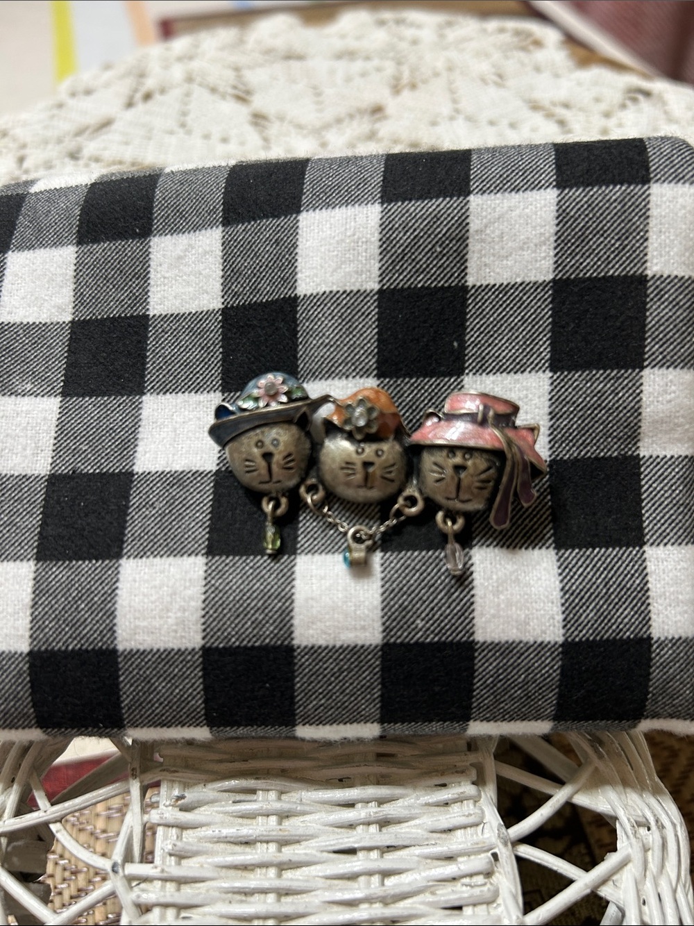Vintage AJMC Three Felines Sitting Side By Side Brooch Adorned With Crystals
